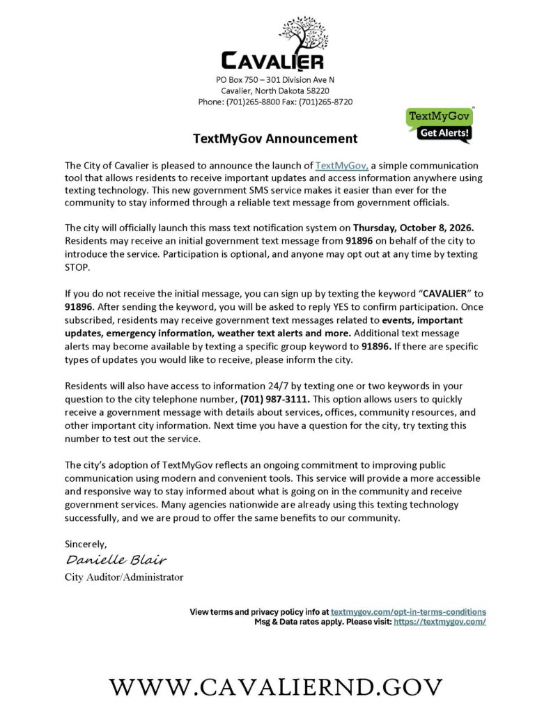 Cavalier TextMyGov press release